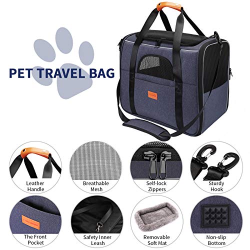 Transportín Gato Perro, Bolsa de Transporte Plegable para Mascota, Transportín de Viaje Portátil y Transpirable con Correa Interior de Seguridad + Tazón, Ideal para Gatos Perritos de Menos de 15lbs