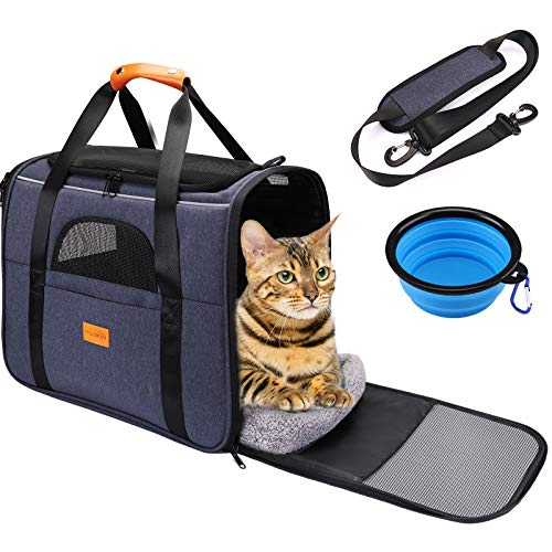 Transportín Gato Perro, Bolsa de Transporte Plegable para Mascota, Transportín de Viaje Portátil y Transpirable con Correa Interior de Seguridad + Tazón, Ideal para Gatos Perritos de Menos de 15lbs