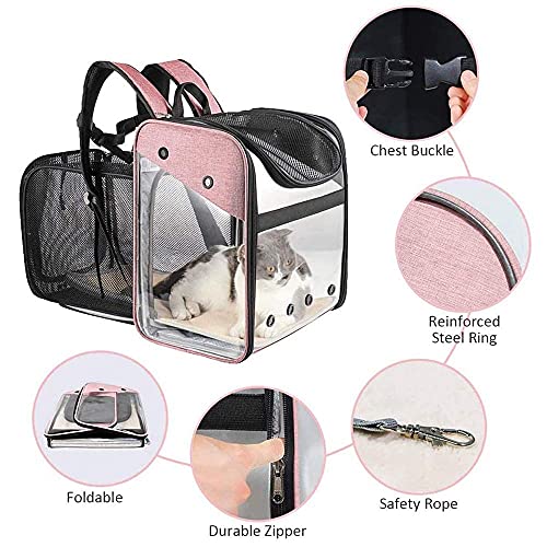 Transportín Mochila Perros Gatos Mascotas - Bolsa Transporte Extensible Plegable Transpirable y Espaciosa con Estructura de Alambre Sólido, Bolsa Portadora para Viaje Aprobada por Aerolínea (Rosa)