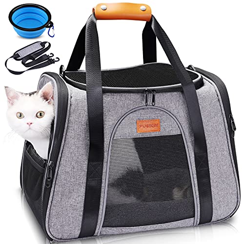 Transportín para Gato, PUEIKAI Bolsa de Transporte Para Gatos y Perros Pequeños, Transportín Perro Plegable Aprobado por la Aerolínea, Transporte de Gato con Correa del Hombro, Cojín Suave y Tazón