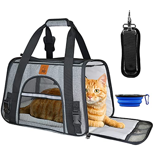 Transportín Perro Gato, Bolsa de Transporte Plegable para Mascota, Portador Transpirable de Viaje con Correa de Hombro Ajustable para Avion, Transportín Perro Gato con Cojín Extraíble