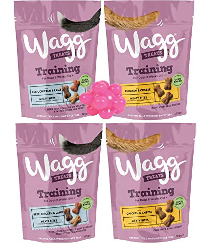 Treats Wagg Training for Dogs Mix PACK (2 x 125g de pollo, carne de res y cordero y 2x125g de pollo y queso) y juguete pequeño