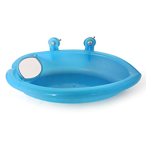 TSHAOUN Pájaro Baño Ducha Limpieza Tina Cuenco Cuenco con Espejo Colgante Baño para PáJaros Pequeños Juguete Accesorios para Loros Periquito Cockatiel Bandeja de Agua para Alimentos (Azul)