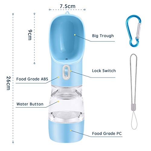 TUNAON Portátil Botella de Agua para Perros Gatos, Multifunción Botella de Agua para Cachorro de Alimentador para Mascotas para Caminar, Viajar al Aire Libre (Azul/258ML)