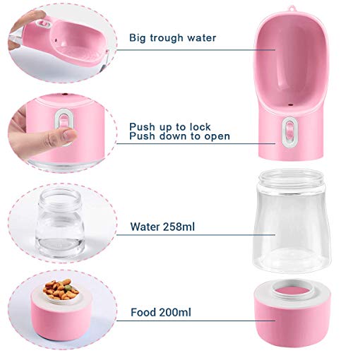 TUNAON Portátil Botella de Agua para Perros Gatos, Multifunción Botella de Agua para Cachorro de Alimentador para Mascotas para Caminar, Viajar al Aire Libre (Rosa/258ML)