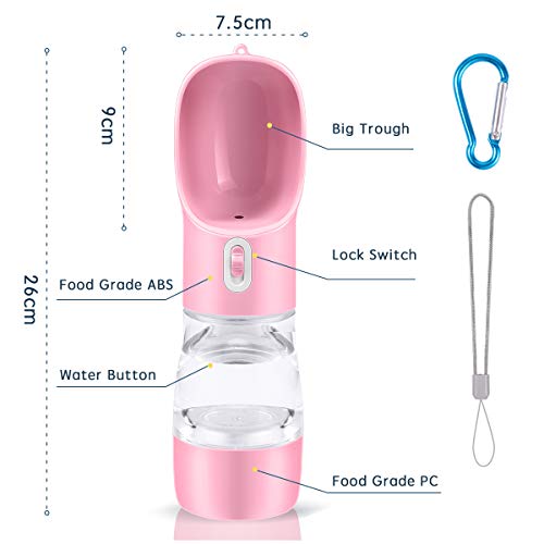 TUNAON Portátil Botella de Agua para Perros Gatos, Multifunción Botella de Agua para Cachorro de Alimentador para Mascotas para Caminar, Viajar al Aire Libre (Rosa/258ML)