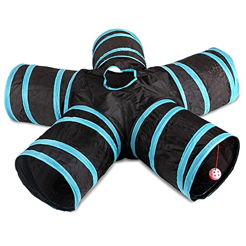 Túnel De 5 Vías para Gatos con Pompones y cascabeles, Tubo Plegable para túnel de Mascotas con Bolsa de Almacenamiento para Gatos, para Gato, Perro, Cachorro, Gatito, Conejo (Interior y Exterior)