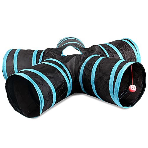 Túnel De 5 Vías para Gatos con Pompones y cascabeles, Tubo Plegable para túnel de Mascotas con Bolsa de Almacenamiento para Gatos, para Gato, Perro, Cachorro, Gatito, Conejo (Interior y Exterior)