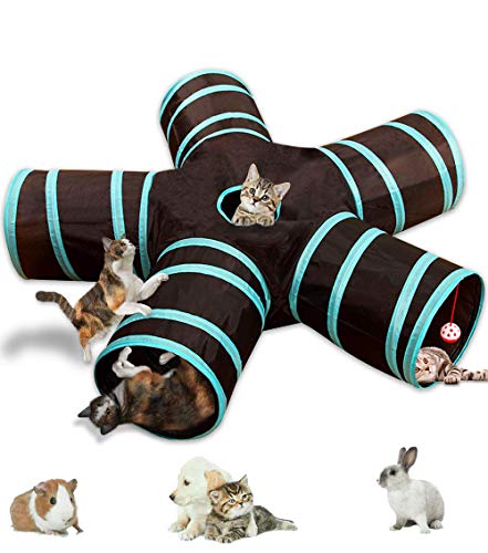 Túnel ligero plegable de 5 vías para gatos, con pompón y campanas, juguete interactivo para gatos, conejos pequeños, cachorros, hurones, cobayas