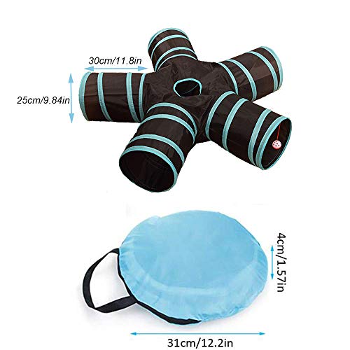 Túnel ligero plegable de 5 vías para gatos, con pompón y campanas, juguete interactivo para gatos, conejos pequeños, cachorros, hurones, cobayas