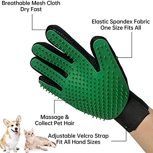 Tuofang Guante de Mascotas, Guante de Mascotas Quita Pelos, Guantes Manopla Masaje, Guante de Aseo para Mascotas con Pulseras de Ajustables, para Perros y Gatos, Pelo Corto Largo (Verde)