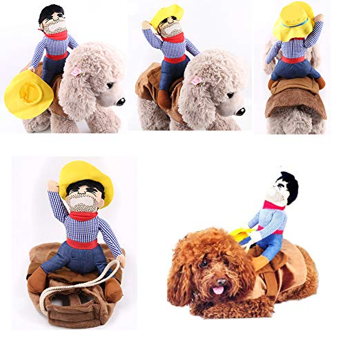 TVMALL Disfraz de perro Mascota Disfraz de Jinete de Vaquero Divertido Disfraz de Jinete de Perro con Ropa de Muñeco y Sombrero para Fiesta Halloween Cosplay - regalo ideal para tu mascota (S)