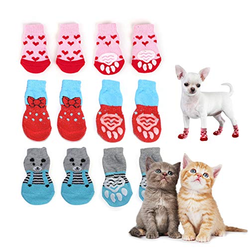 Tyelany Calcetines Para Perros, 3 Juegos Calcetines para Mascotas, Protectores de Patas para Perros, con Silicona Antideslizante, Protector de Pata de Gato para Uso en Interiores, 3 Estilos 12 Pcs (S)