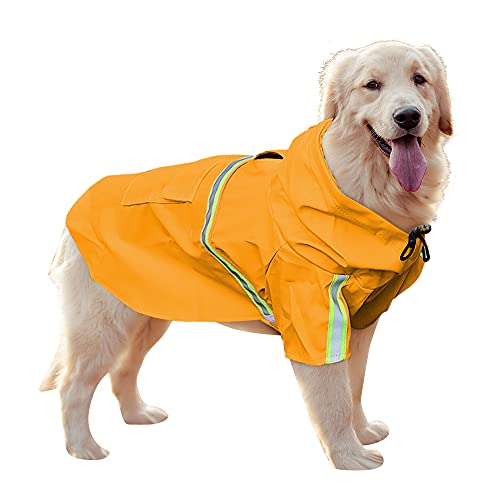 Uktunu Impermeable para Mascotas Ropa para Mascotas Ajustable a Prueba de Agua Chubasquero Perro con Tiras Reflectantes Impermeable para Perros con Capucha para Perro Mediano y Grande PU Amarillo 4XL