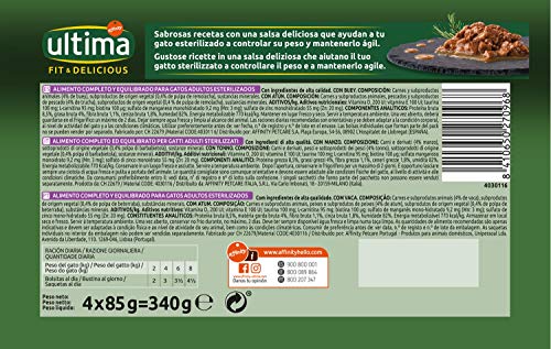 Ultima Comida Húmeda para Gatos con Buey y Atún, 12 x (4 x 85 gr), 4080g