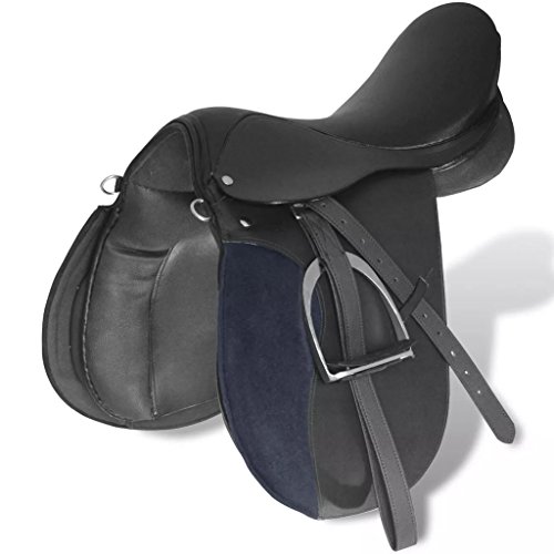 UnfadeMemory Set 5 en 1 Silla Montar Caballo con Capa del Asiento,Estribos,Correa de Estribo y Cincha,Montura de Caballo,Cuero (Talla 16 in-Cuña 14cm, Negro)