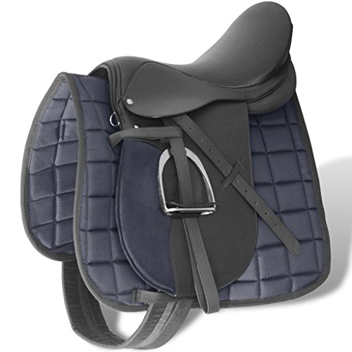 UnfadeMemory Set 5 en 1 Silla Montar Caballo con Capa del Asiento,Estribos,Correa de Estribo y Cincha,Montura de Caballo,Cuero (Talla 16 in-Cuña 14cm, Negro)