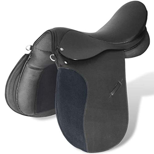 UnfadeMemory Set 5 en 1 Silla Montar Caballo con Capa del Asiento,Estribos,Correa de Estribo y Cincha,Montura de Caballo,Cuero (Talla 16 in-Cuña 14cm, Negro)