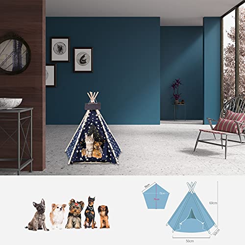 VanGeeStar Tienda de Campaña para Mascotas, Tipi per Perros y Gatos con Cojín Lavable, Perros Casa Perros Caseta con Pizarra, Fácil de Montar, Portátil, Interior Exterior, Azul, 60*50*50CM (Azul)