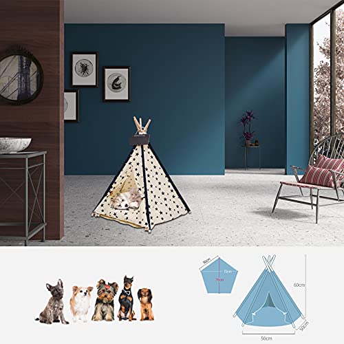 VanGeeStar Tienda de Campaña para Mascotas, Tipi per Perros y Gatos con Cojín Lavable, Perros Casa Perros Caseta con Pizarra, Fácil de Montar, Portátil, Interior Exterior, Azul, 60*50*50CM (Blanco)