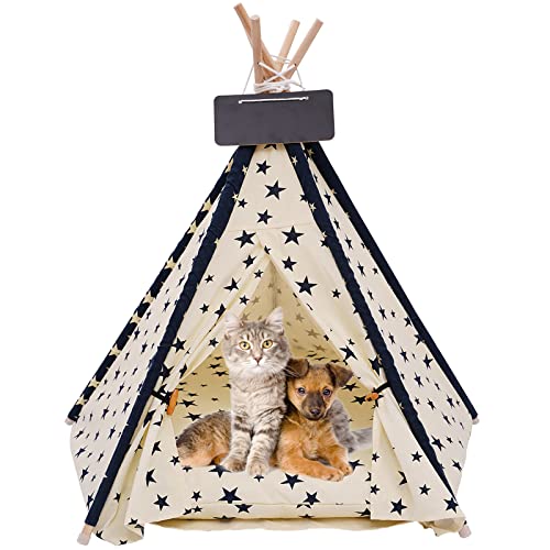 VanGeeStar Tienda de Campaña para Mascotas, Tipi per Perros y Gatos con Cojín Lavable, Perros Casa Perros Caseta con Pizarra, Fácil de Montar, Portátil, Interior Exterior, Azul, 60*50*50CM (Blanco)