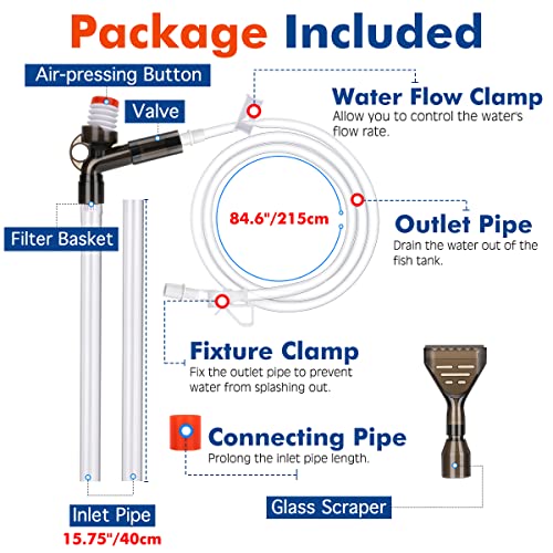 VavoPaw Cambiador de Agua de Pecera, 5 en 1 Limpiador Herramientas, Accesorio Acuario Manual con Tubo Extensible de Sifón Bomba, Controlador de Flujo de Agua, Rascador de Vidrio de Algas, Marrón