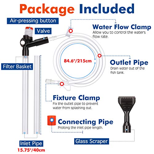 VavoPaw Cambiador de Agua de Pecera, 5 en 1 Limpiador Herramientas, Accesorio Acuario Manual con Tubo Extensible de Sifón Bomba, Controlador de Flujo de Agua, Rascador de Vidrio de Algas, Negro