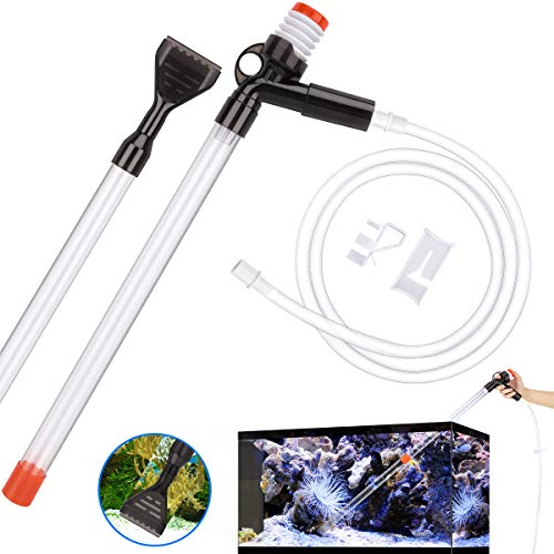 VavoPaw Cambiador de Agua de Pecera, 5 en 1 Limpiador Herramientas, Accesorio Acuario Manual con Tubo Extensible de Sifón Bomba, Controlador de Flujo de Agua, Rascador de Vidrio de Algas, Negro