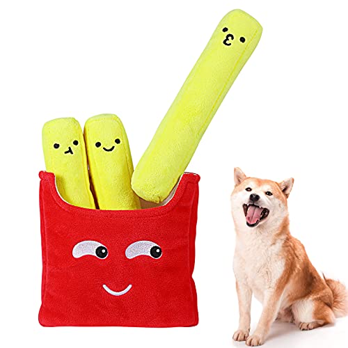 VavoPaw Juguete de Peluche Interactivo para Perros, 21 cm Patatas Fritas Felpa Suave Sonoro con Papel Arrugado Sonido Resistente Mordedura Alivio Ansiedad Compañero para Perritos, Amarillo+Rojo