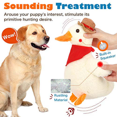 VavoPaw Juguete de Peluche Interactivo para Perros, 25 cm Pato Vaquero Felpa Suave Sonoro con Papel Arrugado Sonido Resistente Mordedura Alivio Ansiedad Compañero para Perritos, Amarillo+Naranja+Rojo