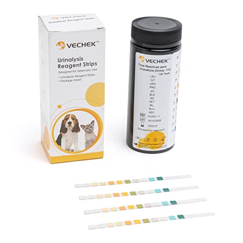 Vechek [100 Tiras] Test de orina para Perros y Gatos 11 parámetros cetonas glucosa colesterol proteinas nitritos leucocitos | 100 Tiras Perros Gatos felinos canino | Urianálisis