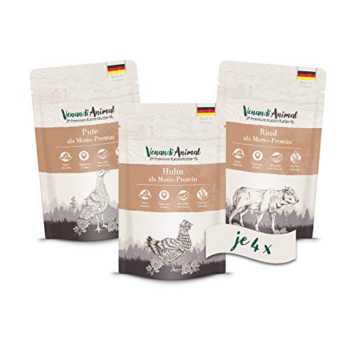 Venandi Animal - Pienso Premium para Gatos - PAQUEE DE Prueba I 4*Pollo, 4*Pato, 4*Ternera - Completamente Libre de Cereales - Pouches 12 x 125 g