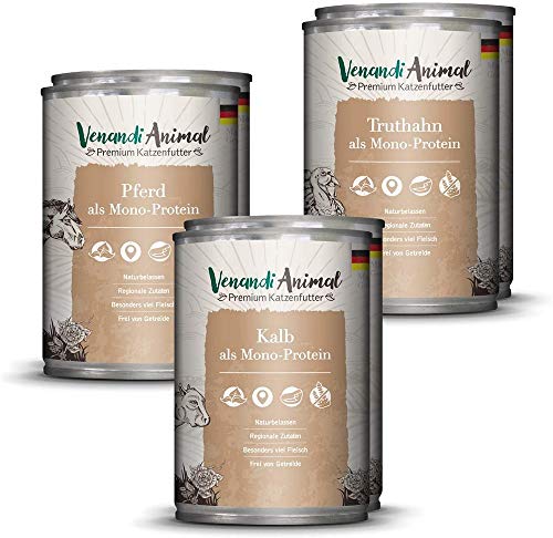 Venandi Animal - Pienso Premium para Gatos - PAQUEE DE Prueba II 2*Caballo, 2*Ternero, 2*Pavo - Completamente Libre de Cereales - 6 x 400 g