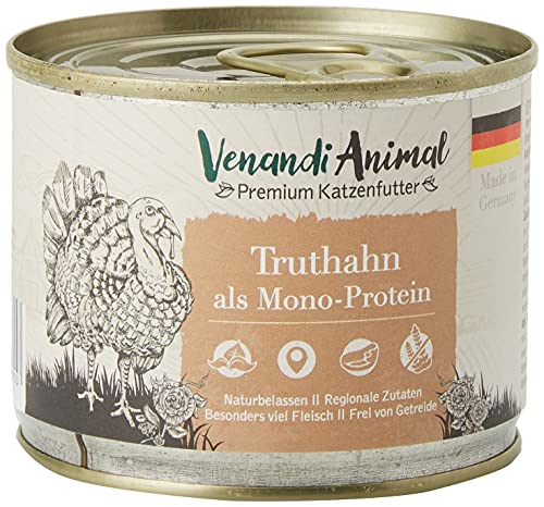 Venandi Animal - Pienso Premium para Gatos - Pavo como monoproteína - Completamente Libre de Cereales - 6 x 200 g