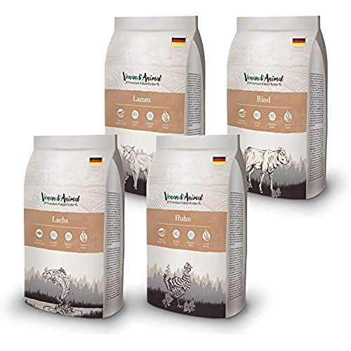 Venandi Animal - Pienso seco para gatos - 1*Pollo, 1*Ternera, 1*Salmón, 1*Cordero - Completamente libre de cereales - 4 x 1.5 kg