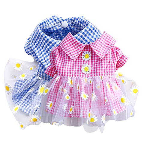 Vestido para perro con estampado de crisantemo, cuello de vuelta, poliéster, hermosa falda de princesa para mascotas, ropa cómoda para mascotas/azul/rosa para la vida diaria fiesta al aire libre-1