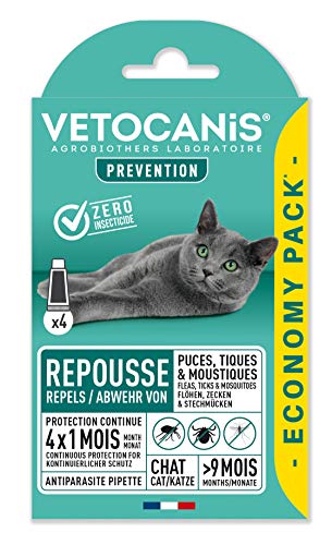 VETOCANIS Antipulgas y antigarrapatas para Gatos con 4 pipetas como Repelente eficaz con 4 x 1 Mes de duración de protección.