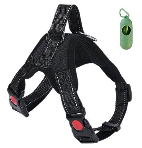 VF Arnés de perro Lex ajustable con asa superior apta para cualquier perro, ideal para caminar, correr y adiestramiento. Dispensador de bolsas higiénicas (L, negro)