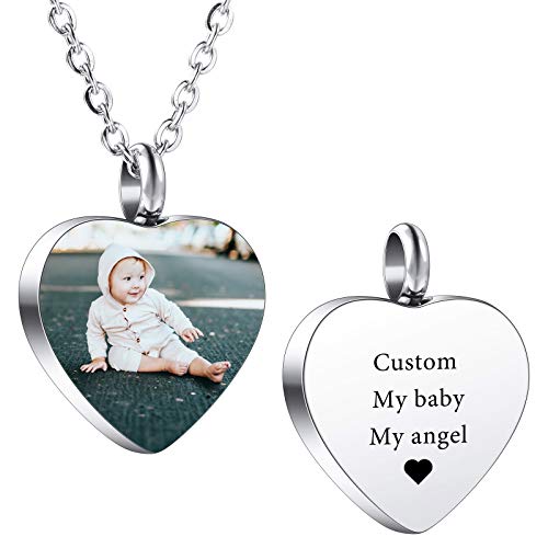 VIBOOS Colgante De Urna Personalizado Collar De Corazón De ala De Ángel Grabado De Texto Fotográfico para Hombres Mujeres Perros Gatos Mascotas Acero Inoxidable Cenizas Cremación Recuerdo Piedra De