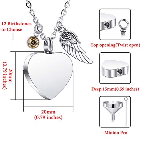 VIBOOS Colgante De Urna Personalizado Collar De Corazón De ala De Ángel Grabado De Texto Fotográfico para Hombres Mujeres Perros Gatos Mascotas Acero Inoxidable Cenizas Cremación Recuerdo Piedra De