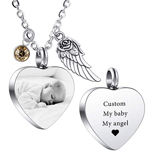 VIBOOS Colgante De Urna Personalizado Collar De Corazón De ala De Ángel Grabado De Texto Fotográfico para Hombres Mujeres Perros Gatos Mascotas Acero Inoxidable Cenizas Cremación Recuerdo Piedra De