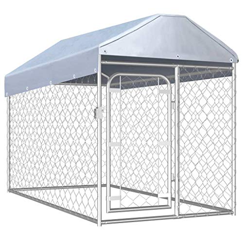 vidaXL Perrera de Exterior con Techo Jaula para Perros Casa Corral de Jardín para Animales Mascotas Malla Valla Acero Galvanizado 200x100x125 cm