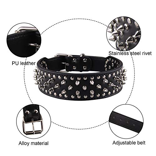 Vococal Collar Perro Negro, Collar Perro Cuero, Collar Pinchos Perro, Material en PU Ajustable Collar Perro Personalizado, para Collar de Perro Grande / Mediano / Pequeño (53-61cm)