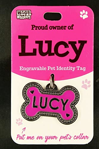 Wags & Whiskers Etiqueta de identidad para mascotas grabable Collar de perro Etiqueta de hueso Etiqueta de nombre de gato Lucy