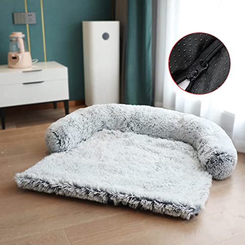 Waigg Kii Sofá cama de felpa suave para perro L/XL, colchón mullido y calmante para perro, cama redonda para perros grandes, medianos y pequeños, gato (XL, gris (cremallera))