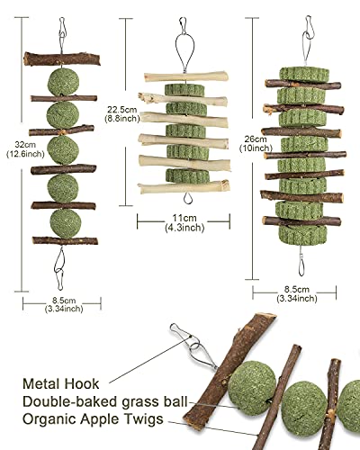 Woiworco 3 Piezas de Juguetes para Masticar Conejo, palitos de Manzana de Madera orgánica Hechos a Mano Naturales y Bolas de heno Timothy