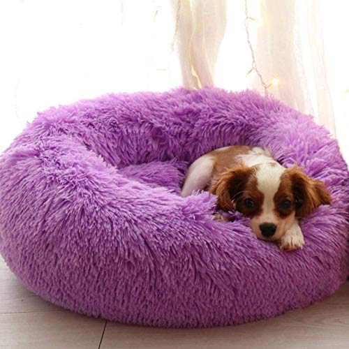 WSJYP Cama para Perros Sofá Redondo de Felpa Mullida con Forma de Rosquilla, Cuddler Warm Calming Dog Pet Cat Colchón Cojines Perrera Desmontable,S: 60cm-Purple