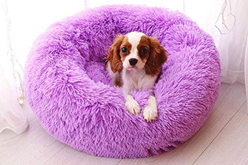 WSJYP Cama para Perros Sofá Redondo de Felpa Mullida con Forma de Rosquilla, Cuddler Warm Calming Dog Pet Cat Colchón Cojines Perrera Desmontable,S: 60cm-Purple