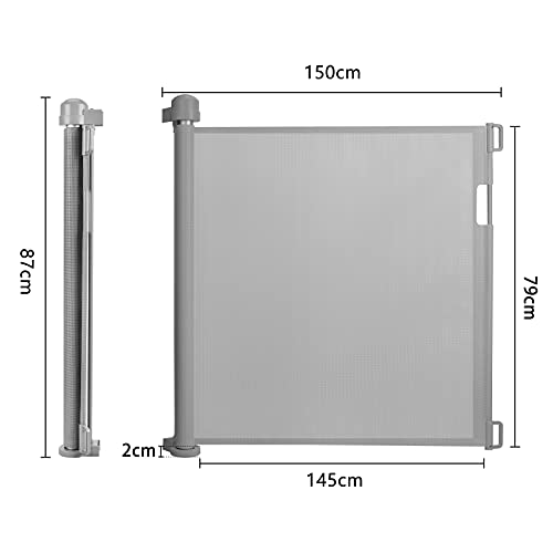 XMTECH Rejilla de protección para puertas extensible, 0 – 150 cm, gris, enrollable, protección para escaleras, seguridad para niños y perros, rejilla de protección para interiores y exteriores