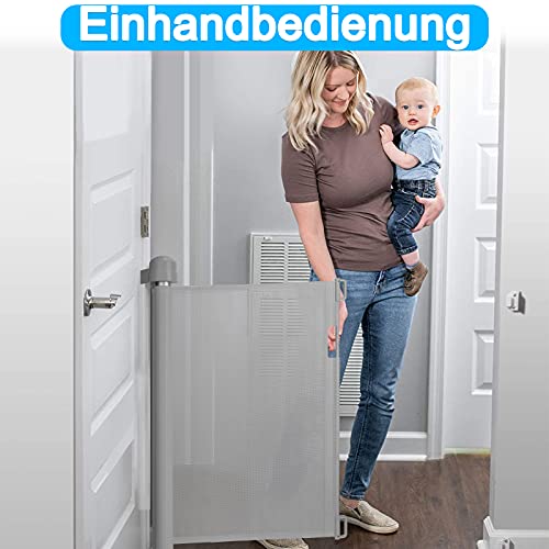 XMTECH Rejilla de protección para puertas extensible, 0 – 150 cm, gris, enrollable, protección para escaleras, seguridad para niños y perros, rejilla de protección para interiores y exteriores